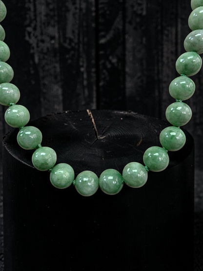 Winter Green Burmese A-Jade Beaded Long Necklace - 17.80 inches (9mm Each x 46 Beads) with Sterling Silver 925 - 10014