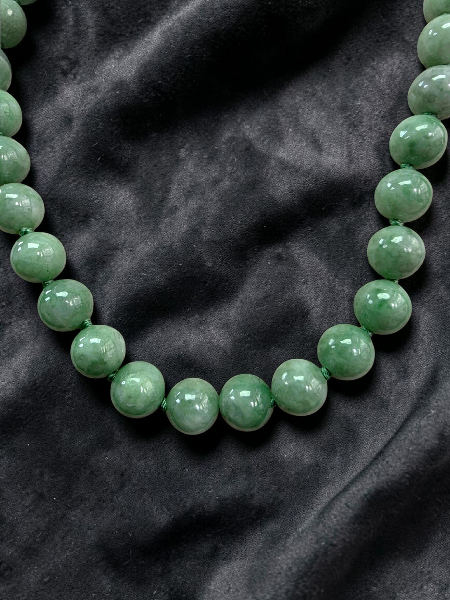 Winter Green Burmese A-Jade Beaded Long Necklace - 17.80 inches (9mm Each x 46 Beads) with Sterling Silver 925 - 10014