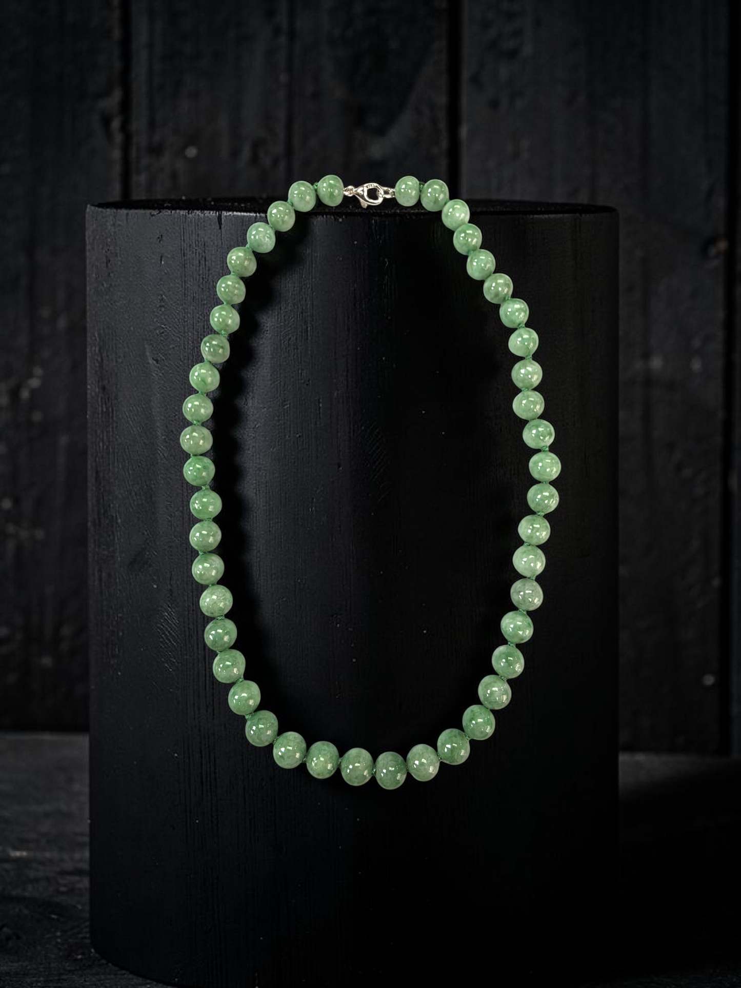 Winter Green Burmese A-Jade Beaded Long Necklace - 17.80 inches (9mm Each x 46 Beads) with Sterling Silver 925 - 10014
