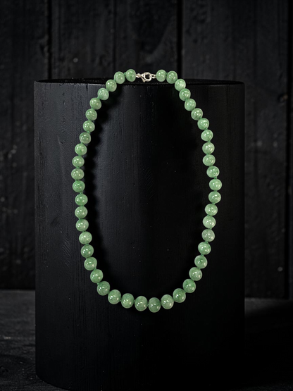 Winter Green Burmese A-Jade Beaded Long Necklace - 17.80 inches (9mm Each x 46 Beads) with Sterling Silver 925 - 10014