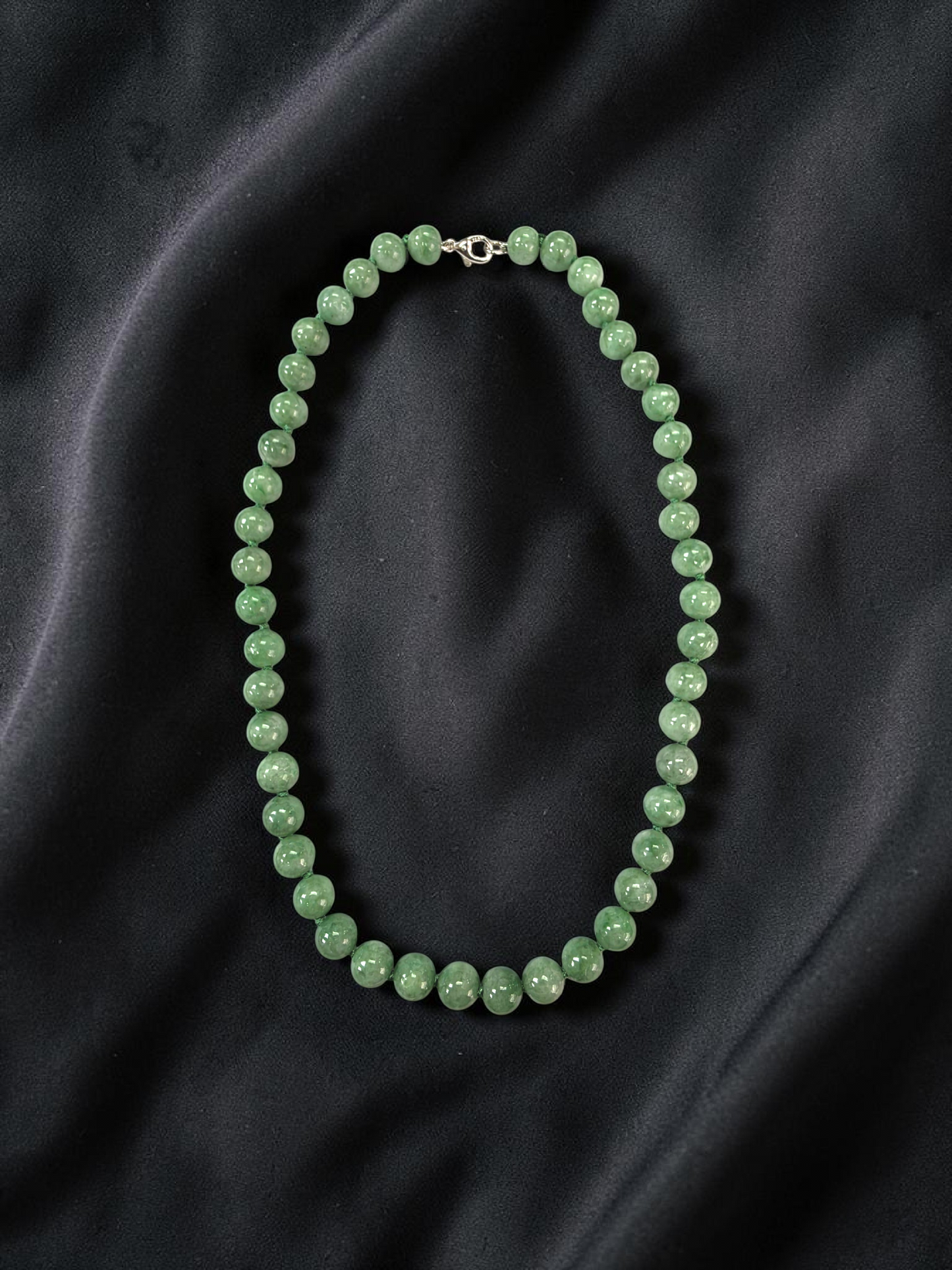 Winter Green Burmese A-Jade Beaded Long Necklace - 17.80 inches (9mm Each x 46 Beads) with Sterling Silver 925 - 10014