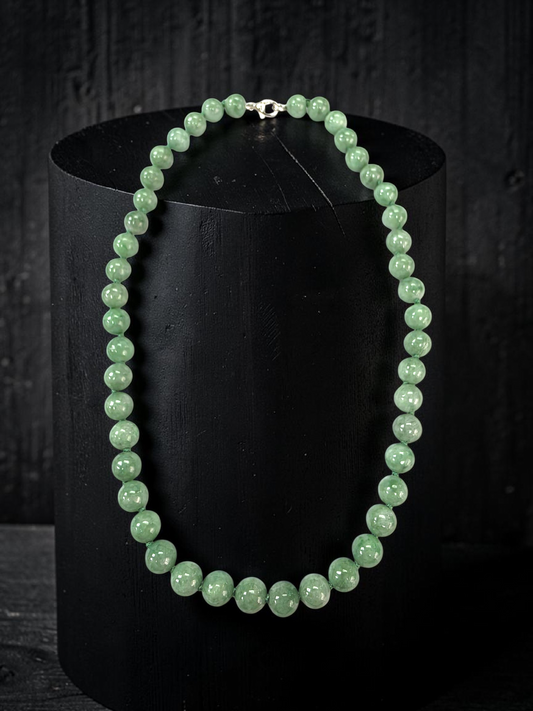 Winter Green Burmese A-Jade Beaded Long Necklace - 17.80 inches (9mm Each x 46 Beads) with Sterling Silver 925 - 10014