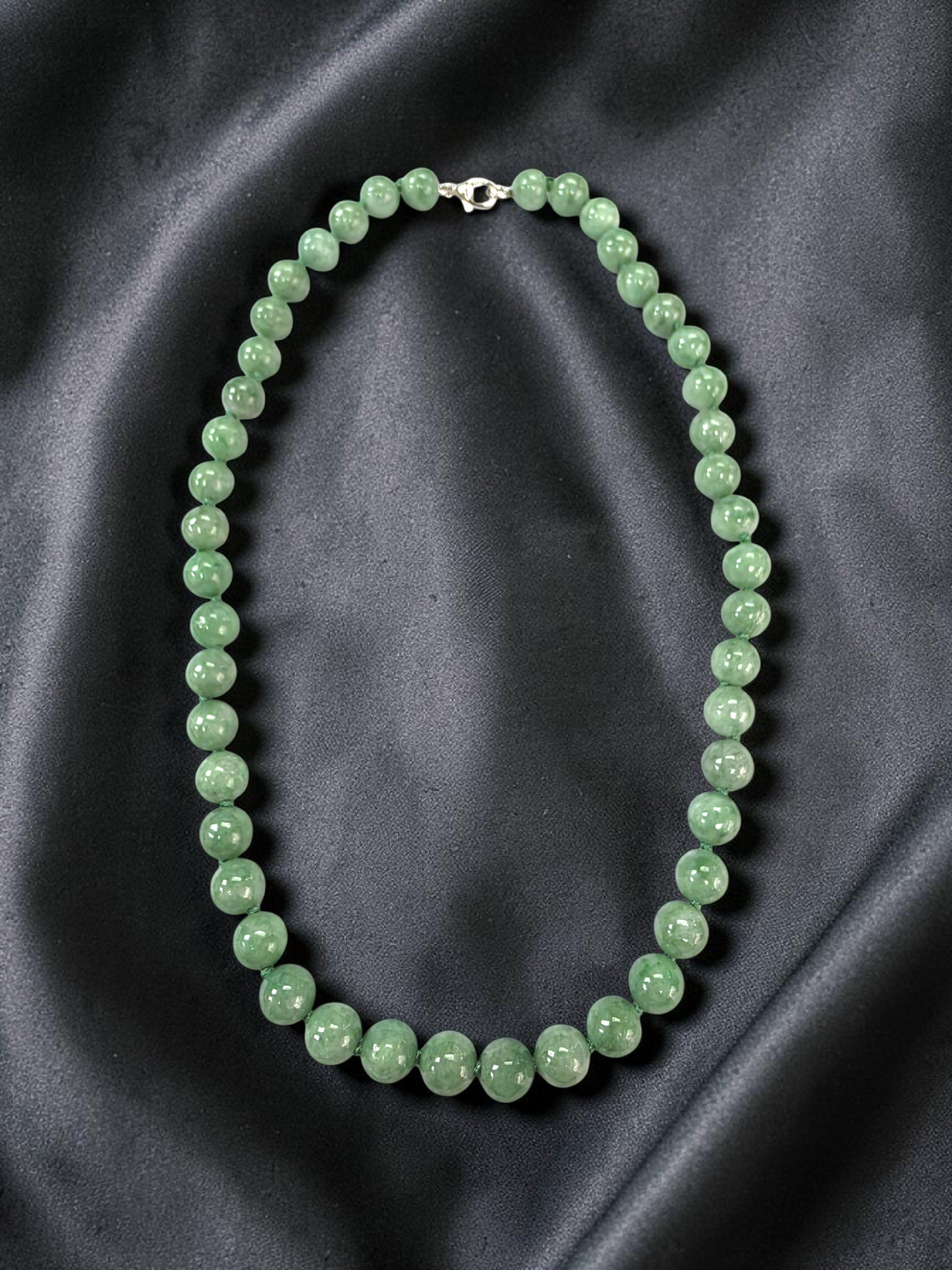 Winter Green Burmese A-Jade Beaded Long Necklace - 17.80 inches (9mm Each x 46 Beads) with Sterling Silver 925 - 10014