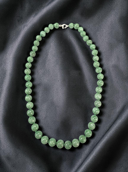 Winter Green Burmese A-Jade Beaded Long Necklace - 17.80 inches (9mm Each x 46 Beads) with Sterling Silver 925 - 10014
