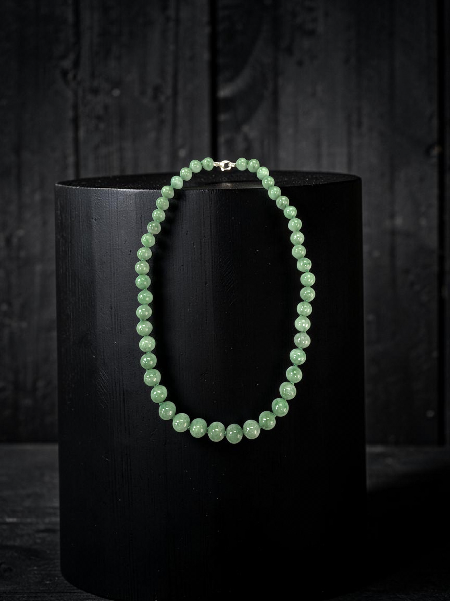 Winter Green Burmese A-Jade Beaded Long Necklace - 17.80 inches (9mm Each x 46 Beads) with Sterling Silver 925 - 10014