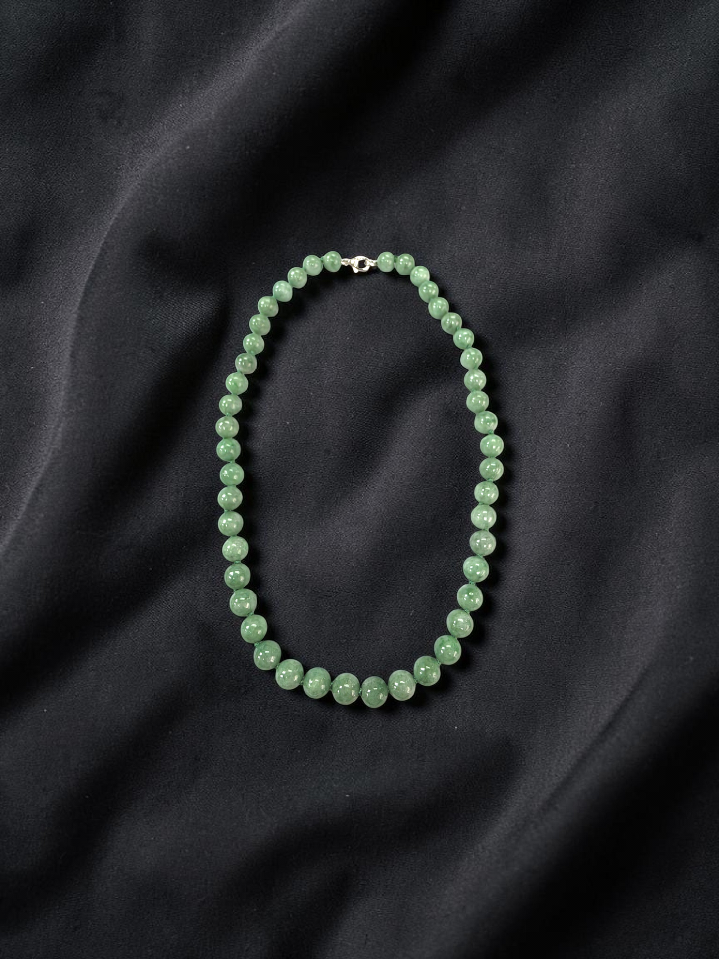 Winter Green Burmese A-Jade Beaded Long Necklace - 17.80 inches (9mm Each x 46 Beads) with Sterling Silver 925 - 10014
