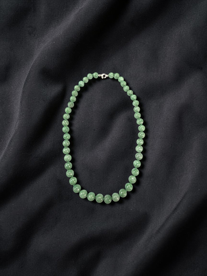 Winter Green Burmese A-Jade Beaded Long Necklace - 17.80 inches (9mm Each x 46 Beads) with Sterling Silver 925 - 10014