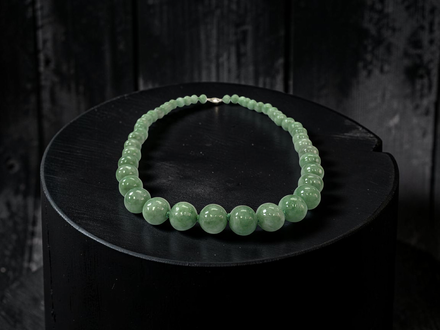Winter Green Burmese A-Jade Beaded Long Necklace - 17.80 inches (9mm Each x 46 Beads) with Sterling Silver 925 - 10014