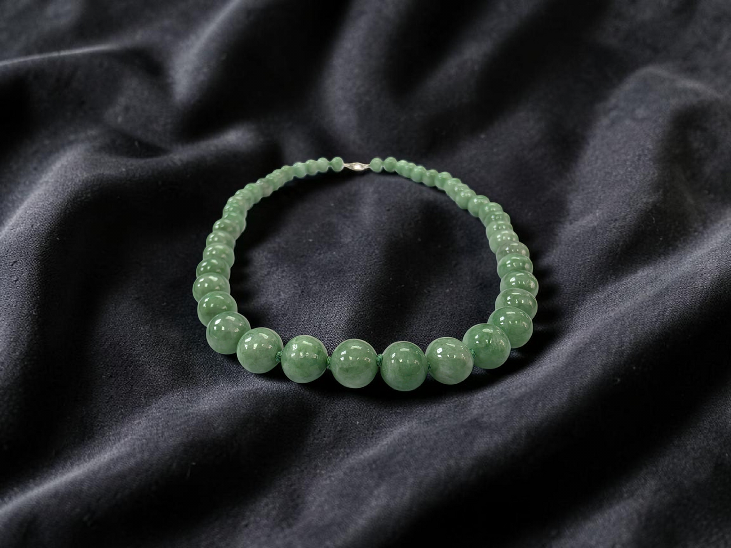 Winter Green Burmese A-Jade Beaded Long Necklace - 17.80 inches (9mm Each x 46 Beads) with Sterling Silver 925 - 10014