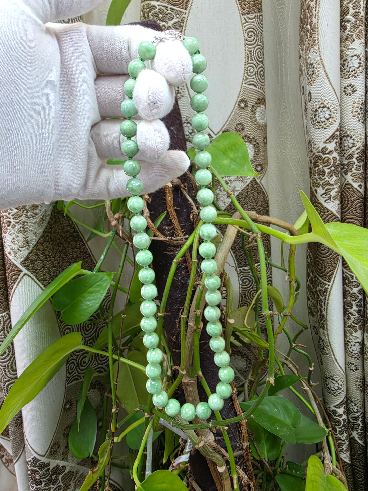 Winter Green Burmese A-Jade Beaded Long Necklace - 17.80 inches (9mm Each x 46 Beads) with Sterling Silver 925 - 10014