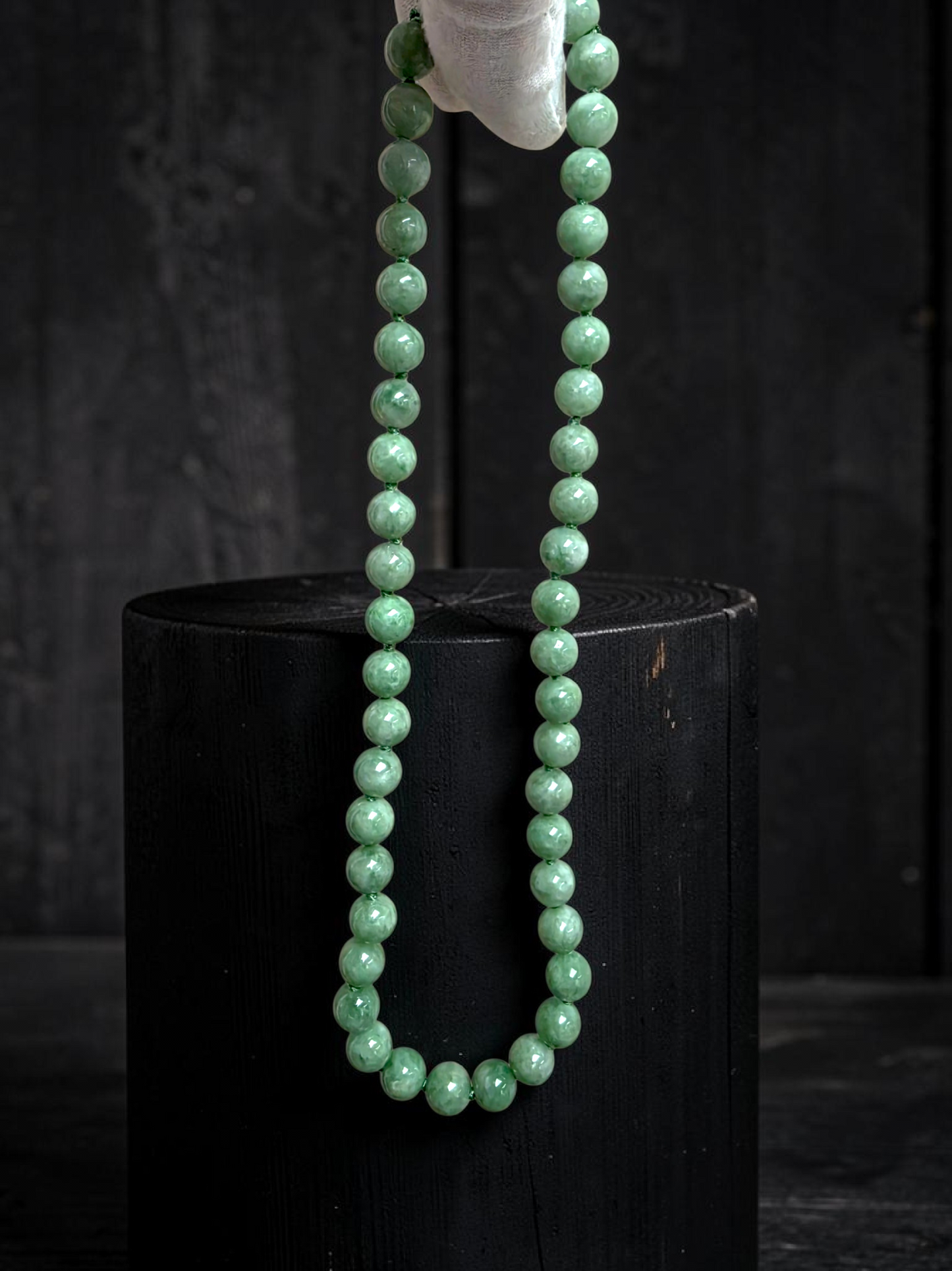Winter Green Burmese A-Jade Beaded Long Necklace - 17.80 inches (9mm Each x 46 Beads) with Sterling Silver 925 - 10014