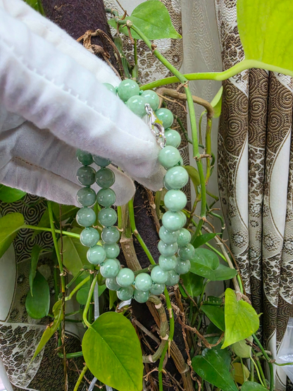 Winter Green Burmese A-Jade Beaded Long Necklace - 17.80 inches (9mm Each x 46 Beads) with Sterling Silver 925 - 10014