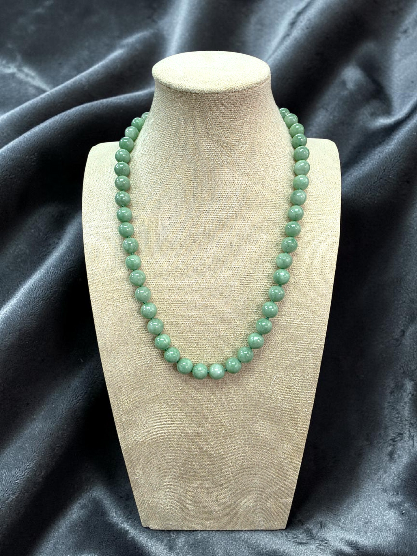 Winter Green Burmese A-Jade Beaded Long Necklace - 18.20 inches (9mm Each x 47 Beads) with Sterling Silver 925 - 10015