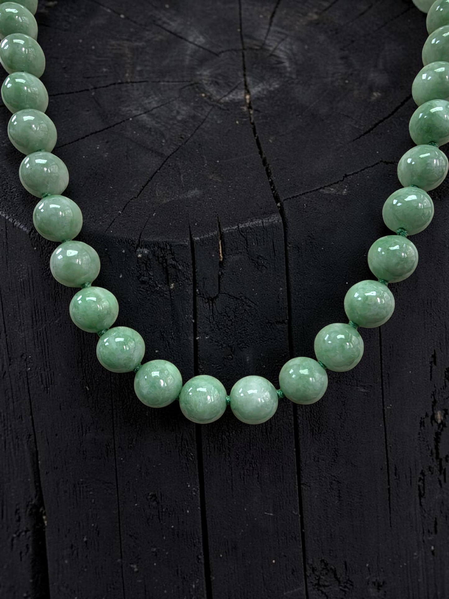Winter Green Burmese A-Jade Beaded Long Necklace - 18.20 inches (9mm Each x 47 Beads) with Sterling Silver 925 - 10015