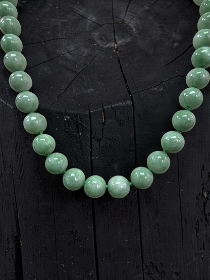 Winter Green Burmese A-Jade Beaded Long Necklace - 18.20 inches (9mm Each x 47 Beads) with Sterling Silver 925 - 10015