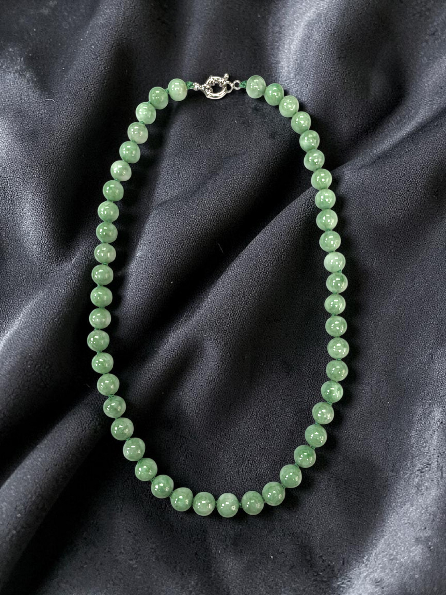 Winter Green Burmese A-Jade Beaded Long Necklace - 18.20 inches (9mm Each x 47 Beads) with Sterling Silver 925 - 10015