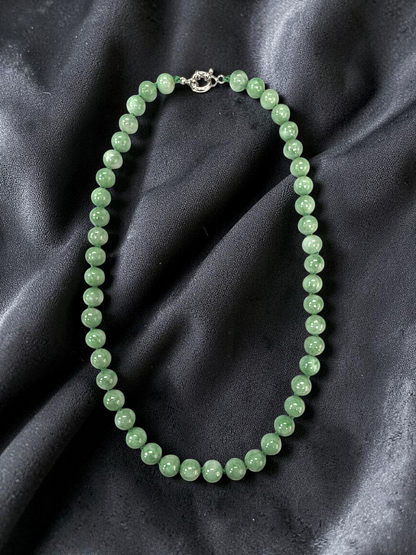 Winter Green Burmese A-Jade Beaded Long Necklace - 18.20 inches (9mm Each x 47 Beads) with Sterling Silver 925 - 10015