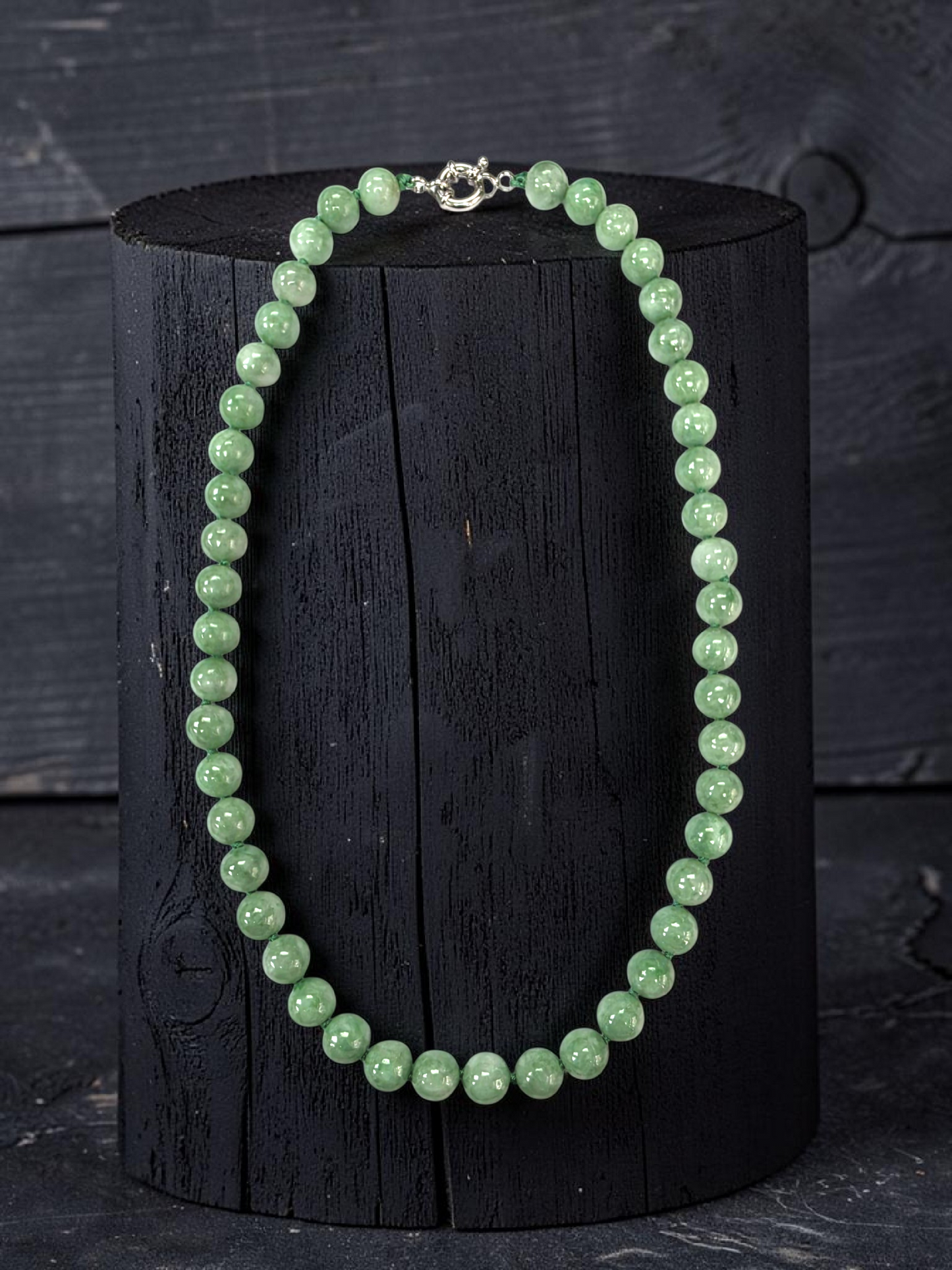 Winter Green Burmese A-Jade Beaded Long Necklace - 18.20 inches (9mm Each x 47 Beads) with Sterling Silver 925 - 10015