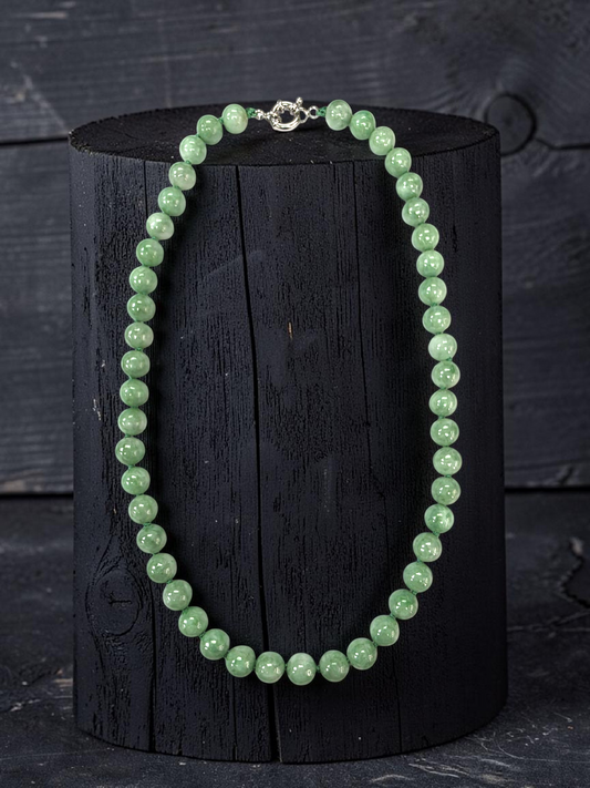 Winter Green Burmese A-Jade Beaded Long Necklace - 18.20 inches (9mm Each x 47 Beads) with Sterling Silver 925 - 10015