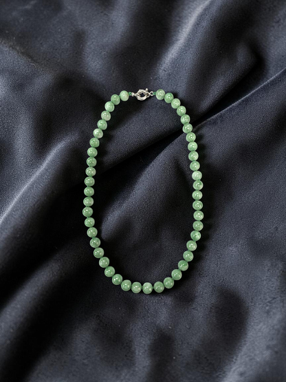 Winter Green Burmese A-Jade Beaded Long Necklace - 18.20 inches (9mm Each x 47 Beads) with Sterling Silver 925 - 10015