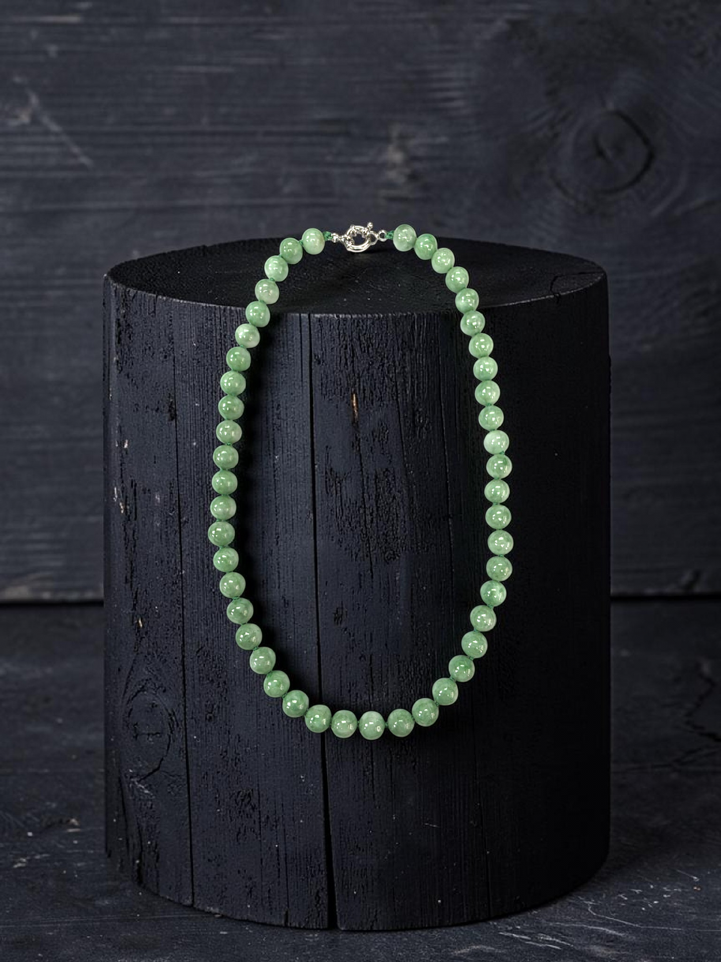 Winter Green Burmese A-Jade Beaded Long Necklace - 18.20 inches (9mm Each x 47 Beads) with Sterling Silver 925 - 10015