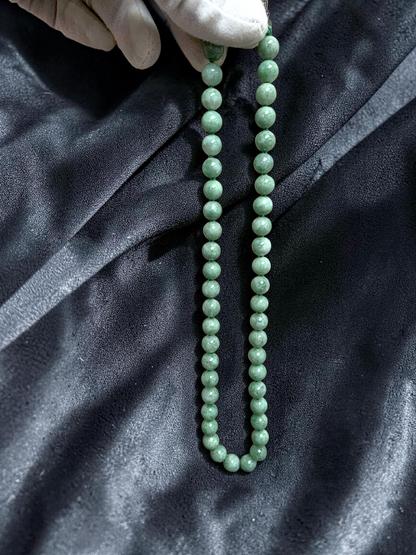 Winter Green Burmese A-Jade Beaded Long Necklace - 18.20 inches (9mm Each x 47 Beads) with Sterling Silver 925 - 10015