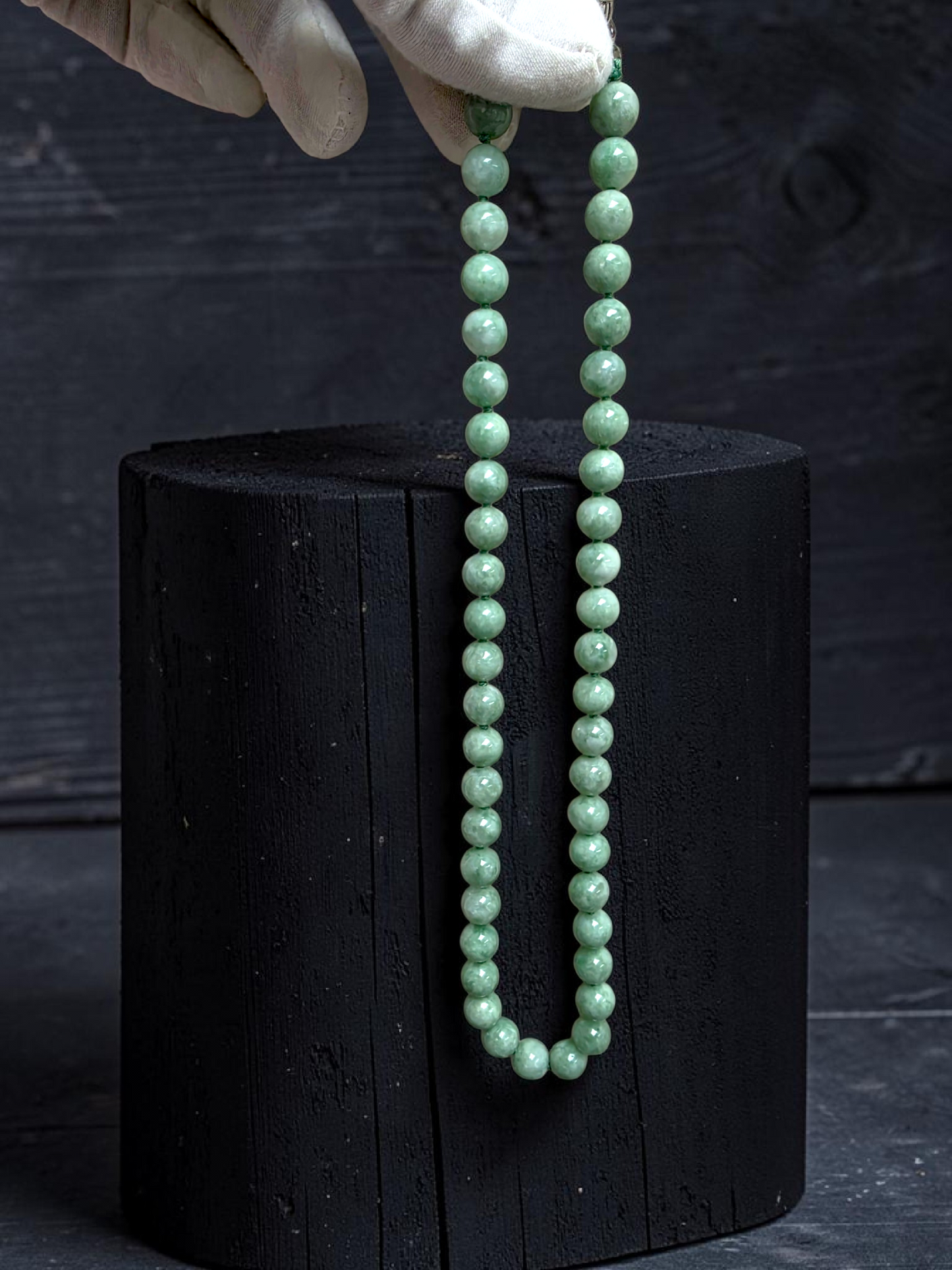 Winter Green Burmese A-Jade Beaded Long Necklace - 18.20 inches (9mm Each x 47 Beads) with Sterling Silver 925 - 10015