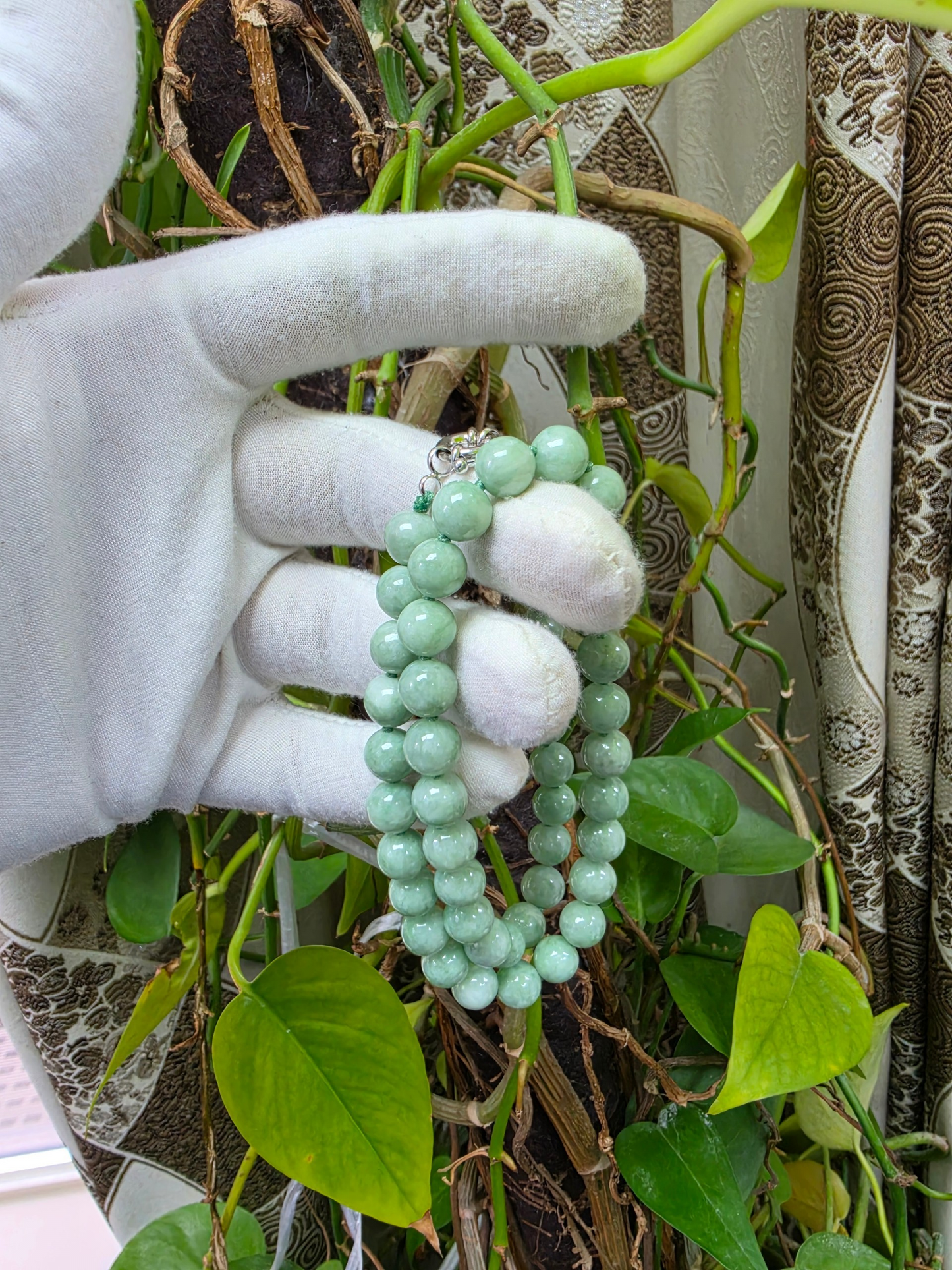 Winter Green Burmese A-Jade Beaded Long Necklace - 18.20 inches (9mm Each x 47 Beads) with Sterling Silver 925 - 10015