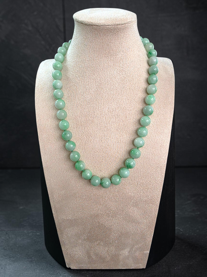 Winter Green Burmese A-Jade Beaded Long Necklace - 18.60 inches (10.50mm Each x 40 Beads) with Sterling Silver 925 - 10016