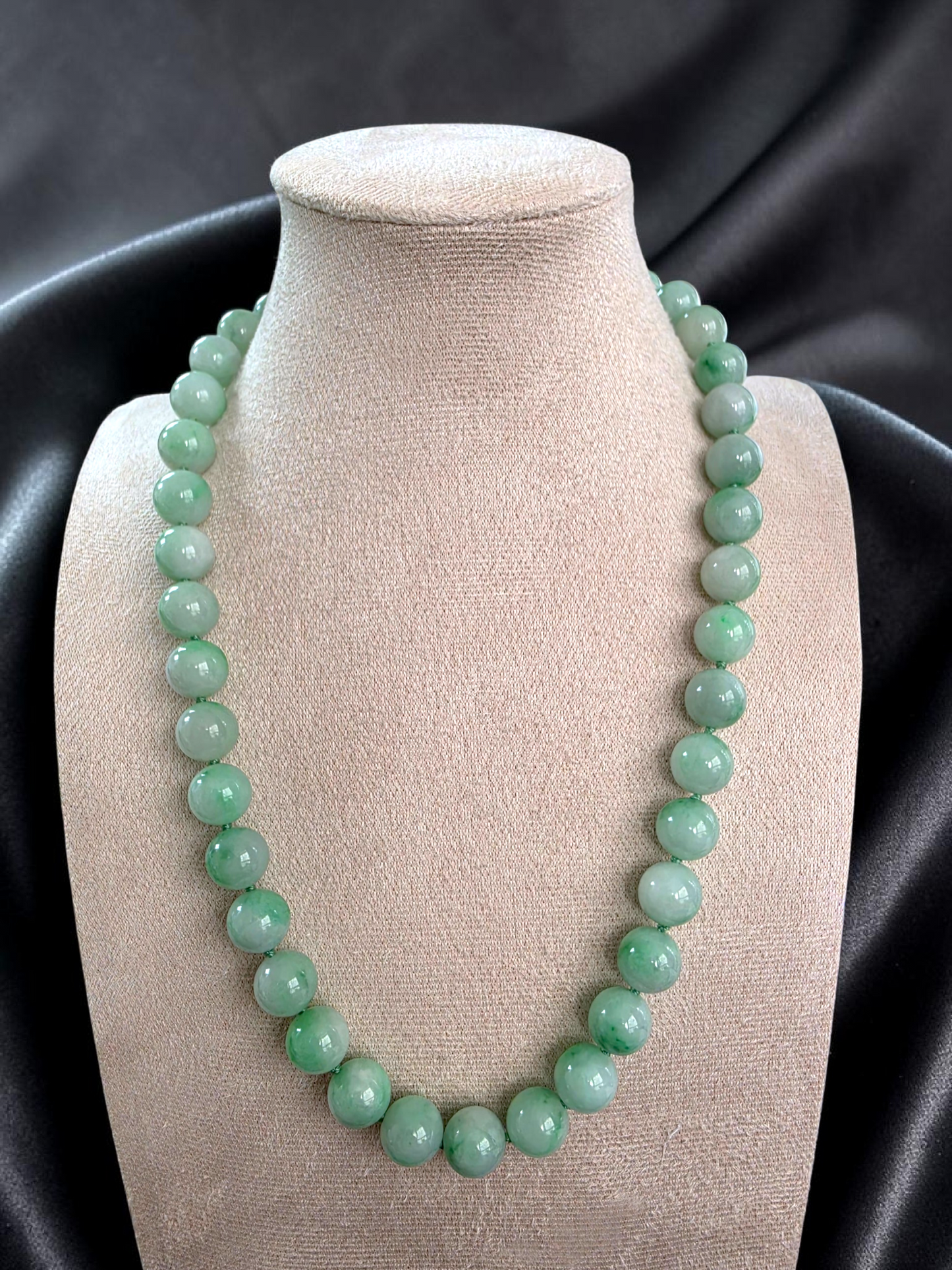 Winter Green Burmese A-Jade Beaded Long Necklace - 18.60 inches (10.50mm Each x 40 Beads) with Sterling Silver 925 - 10016