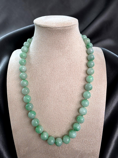 Winter Green Burmese A-Jade Beaded Long Necklace - 18.60 inches (10.50mm Each x 40 Beads) with Sterling Silver 925 - 10016