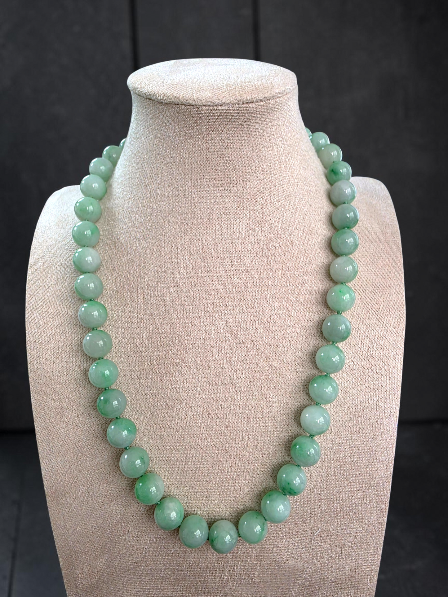 Winter Green Burmese A-Jade Beaded Long Necklace - 18.60 inches (10.50mm Each x 40 Beads) with Sterling Silver 925 - 10016