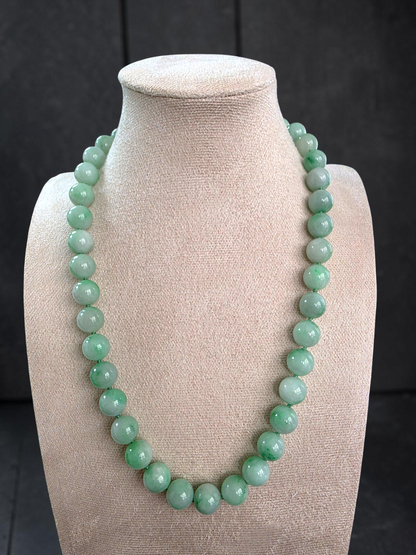 Winter Green Burmese A-Jade Beaded Long Necklace - 18.60 inches (10.50mm Each x 40 Beads) with Sterling Silver 925 - 10016