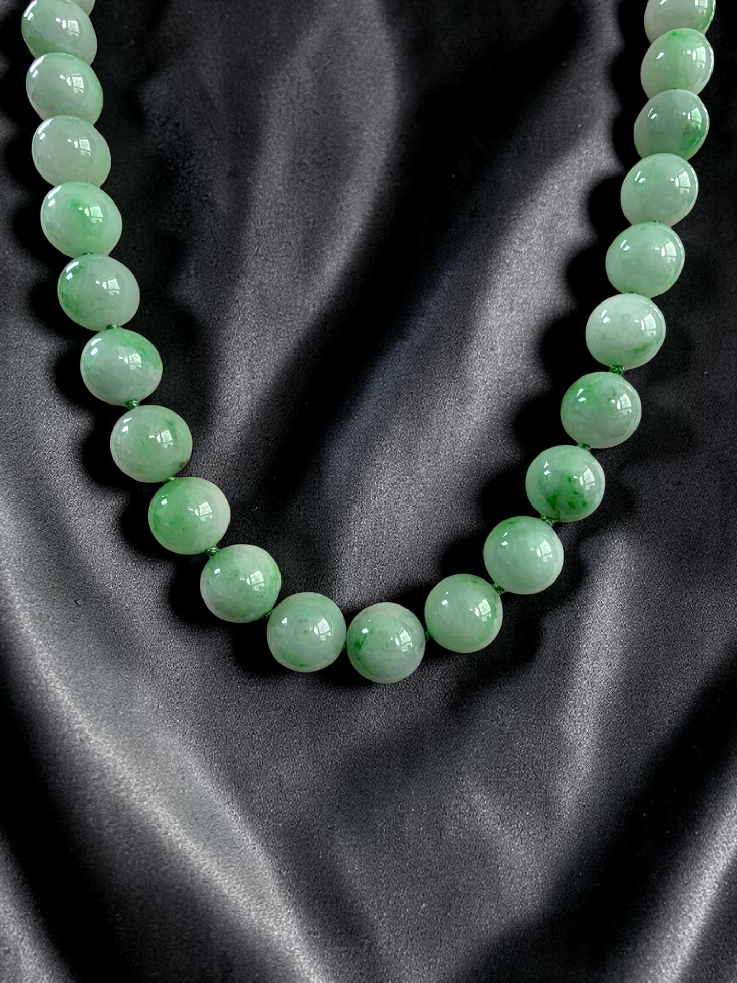 Winter Green Burmese A-Jade Beaded Long Necklace - 18.60 inches (10.50mm Each x 40 Beads) with Sterling Silver 925 - 10016