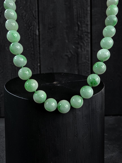 Winter Green Burmese A-Jade Beaded Long Necklace - 18.60 inches (10.50mm Each x 40 Beads) with Sterling Silver 925 - 10016