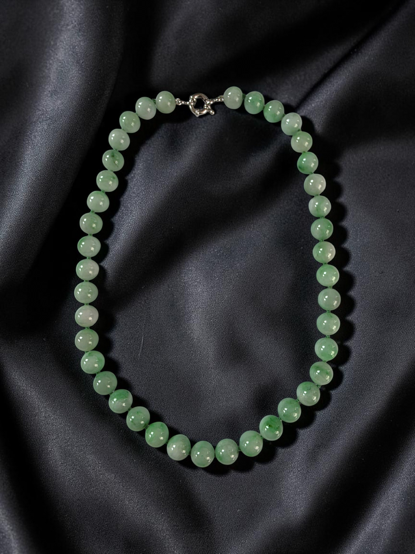 Winter Green Burmese A-Jade Beaded Long Necklace - 18.60 inches (10.50mm Each x 40 Beads) with Sterling Silver 925 - 10016