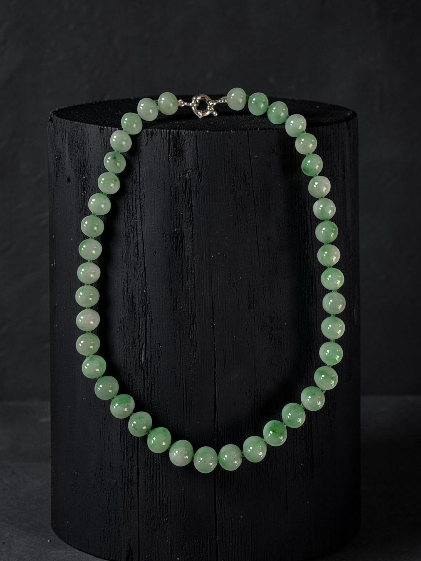 Winter Green Burmese A-Jade Beaded Long Necklace - 18.60 inches (10.50mm Each x 40 Beads) with Sterling Silver 925 - 10016