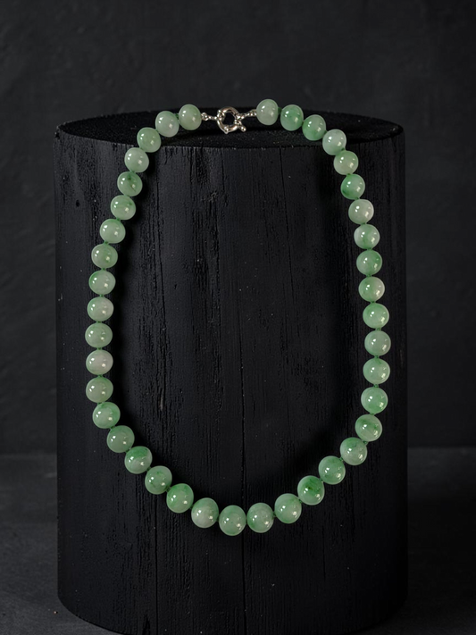 Winter Green Burmese A-Jade Beaded Long Necklace - 18.60 inches (10.50mm Each x 40 Beads) with Sterling Silver 925 - 10016