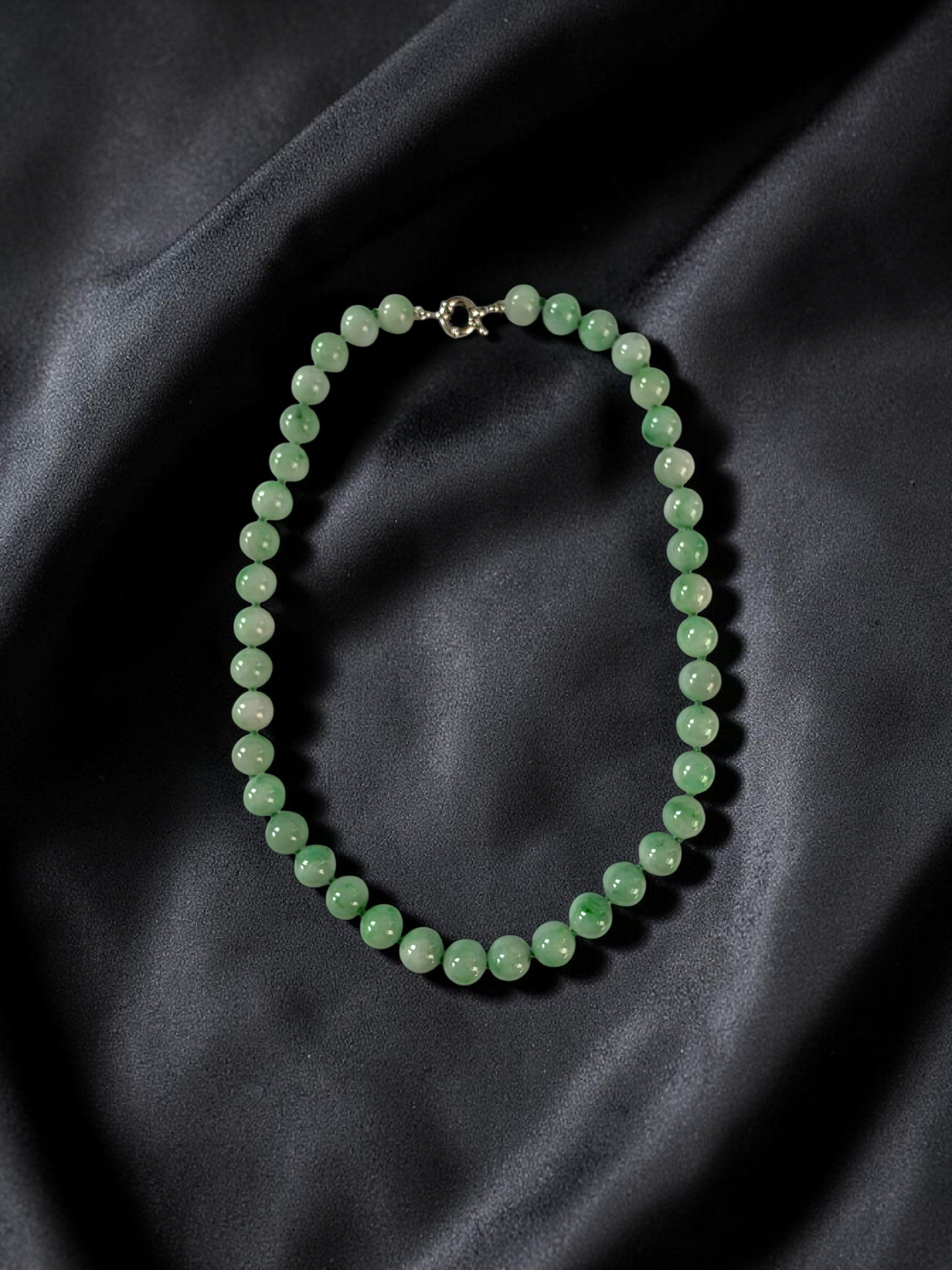 Winter Green Burmese A-Jade Beaded Long Necklace - 18.60 inches (10.50mm Each x 40 Beads) with Sterling Silver 925 - 10016
