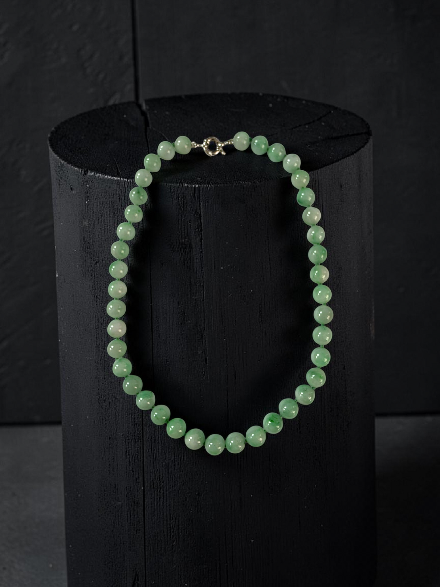 Winter Green Burmese A-Jade Beaded Long Necklace - 18.60 inches (10.50mm Each x 40 Beads) with Sterling Silver 925 - 10016