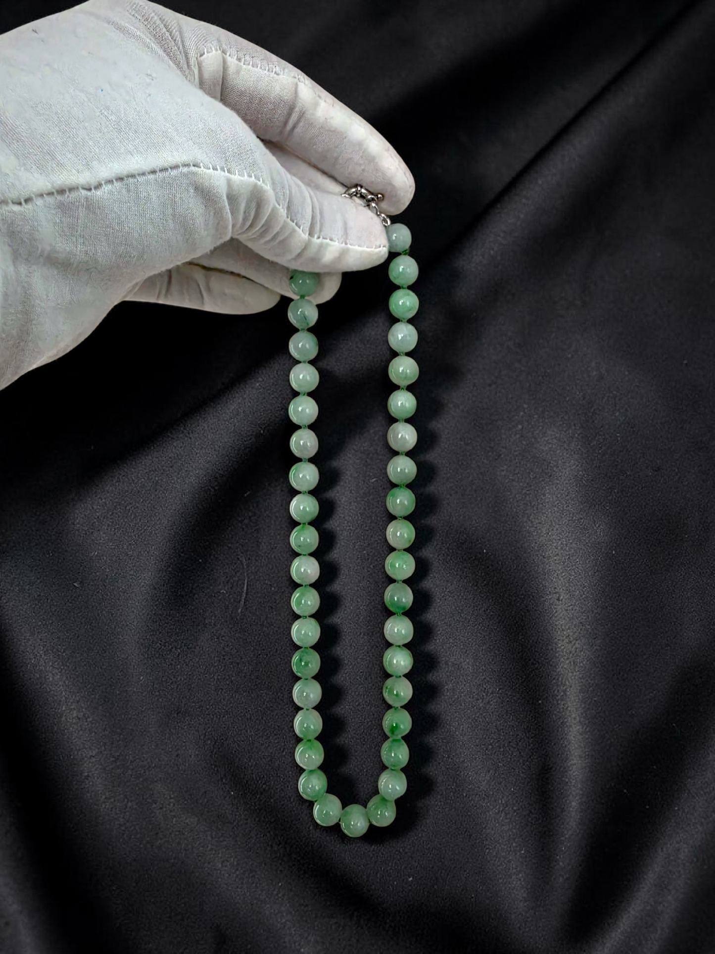 Winter Green Burmese A-Jade Beaded Long Necklace - 18.60 inches (10.50mm Each x 40 Beads) with Sterling Silver 925 - 10016