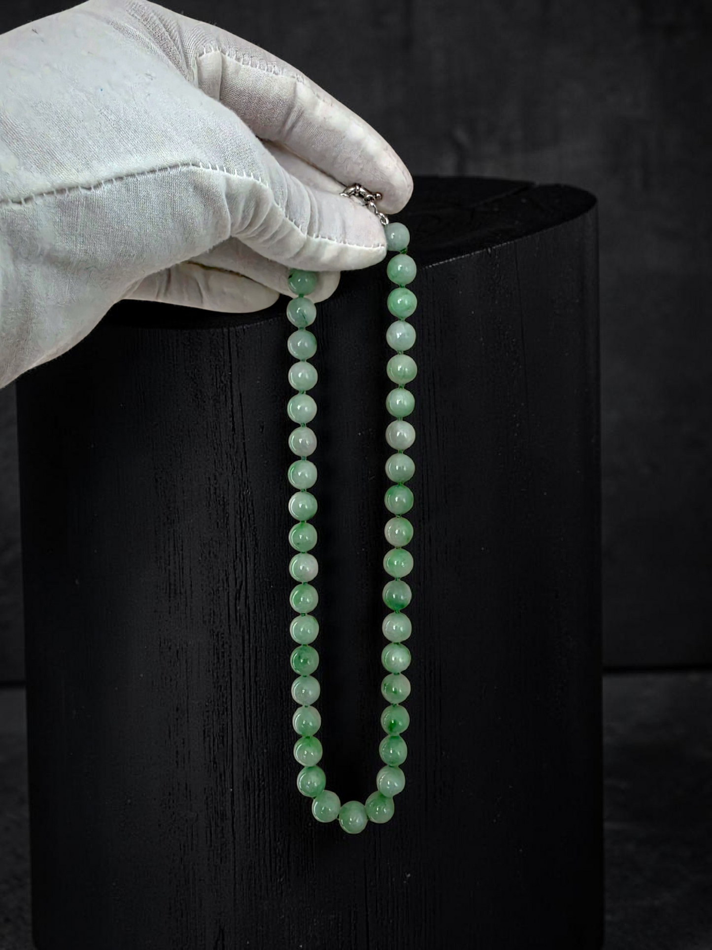 Winter Green Burmese A-Jade Beaded Long Necklace - 18.60 inches (10.50mm Each x 40 Beads) with Sterling Silver 925 - 10016