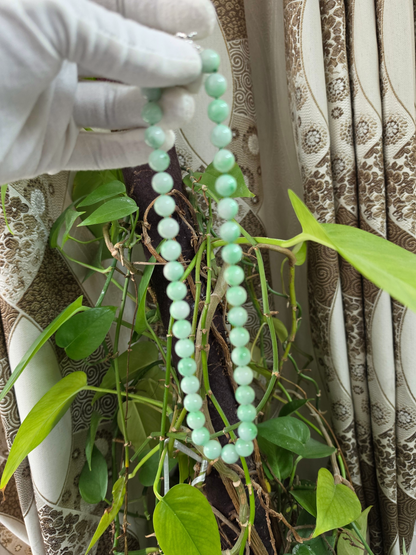 Winter Green Burmese A-Jade Beaded Long Necklace - 18.60 inches (10.50mm Each x 40 Beads) with Sterling Silver 925 - 10016
