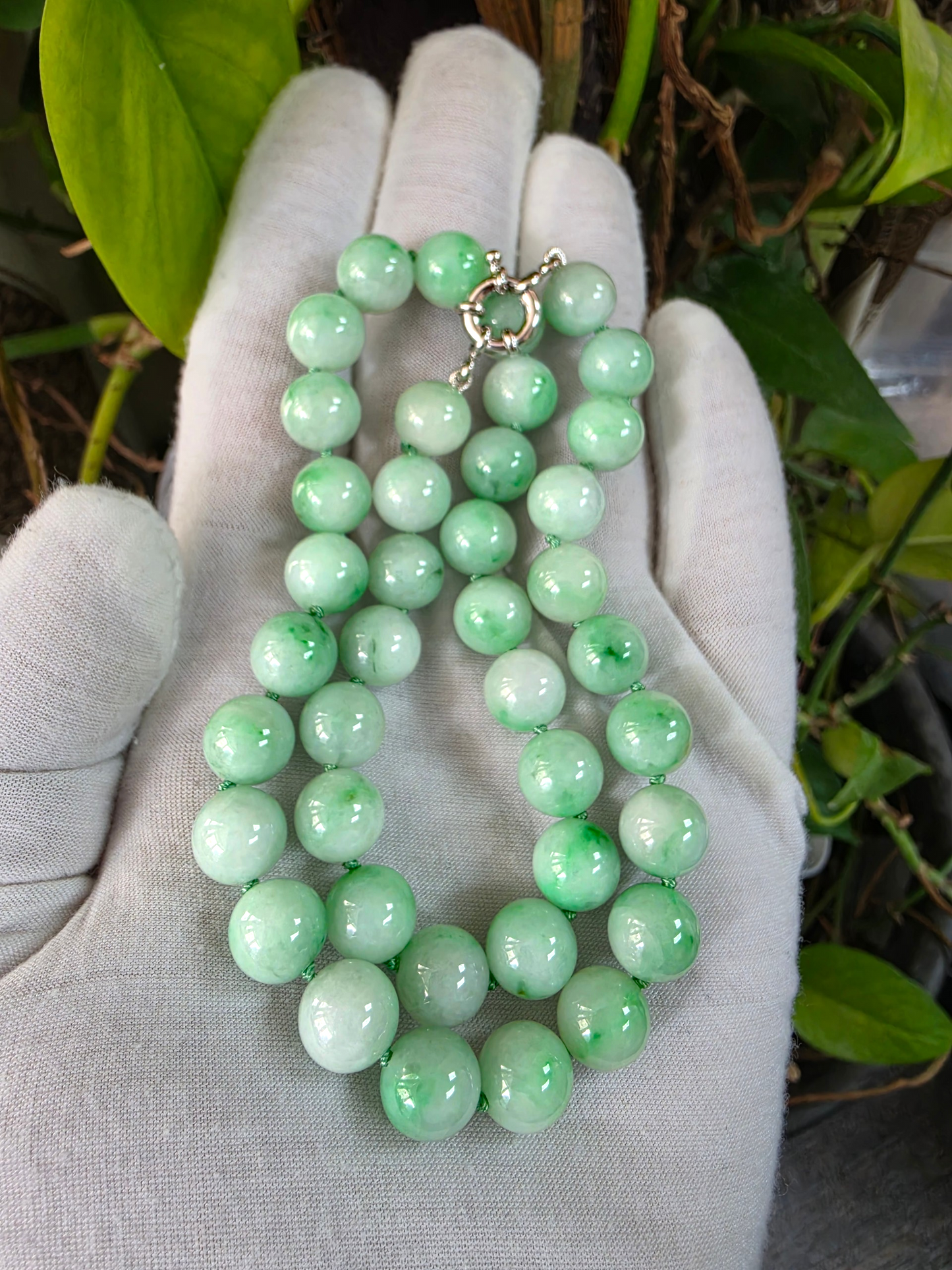 Winter Green Burmese A-Jade Beaded Long Necklace - 18.60 inches (10.50mm Each x 40 Beads) with Sterling Silver 925 - 10016