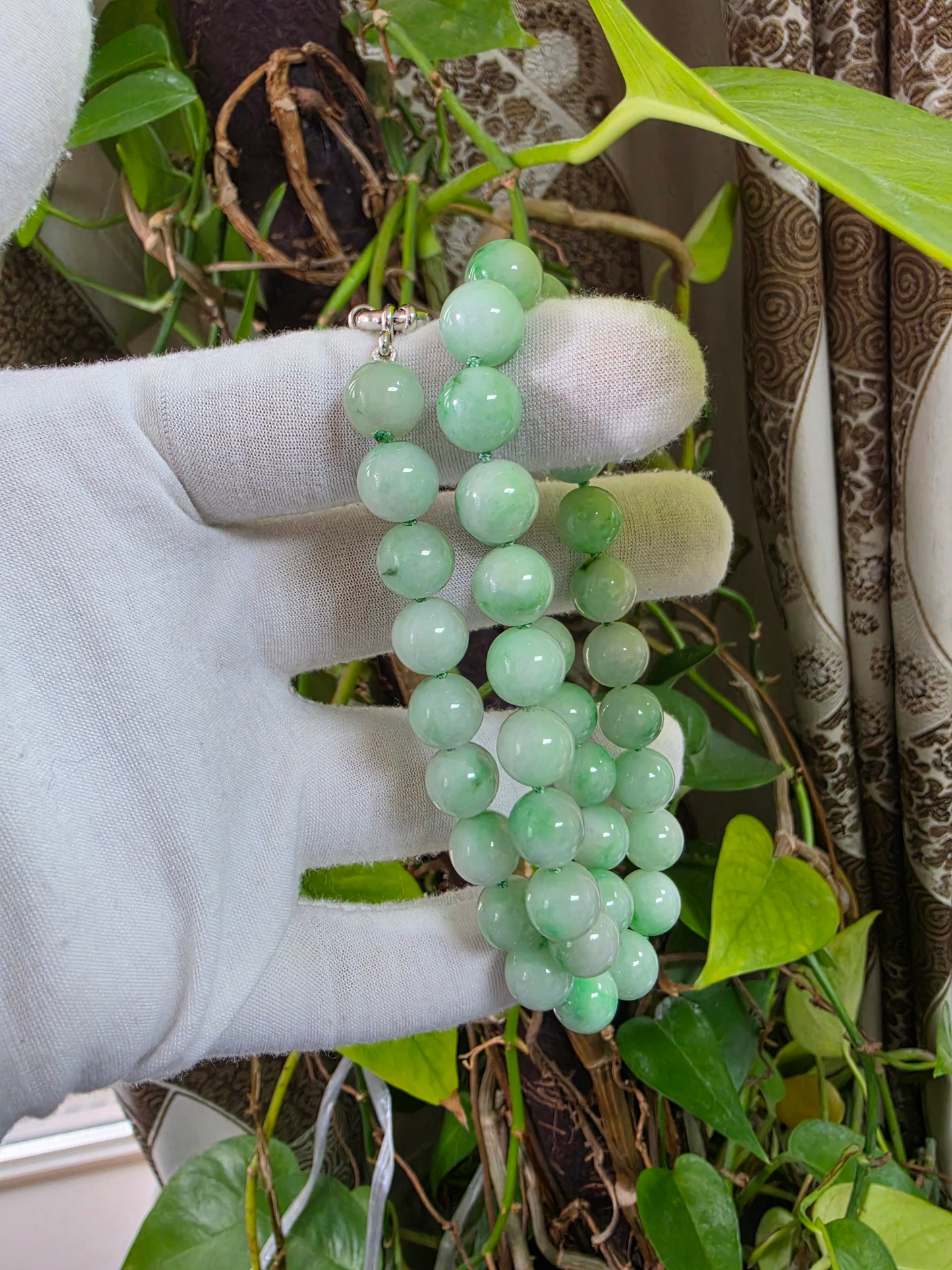 Winter Green Burmese A-Jade Beaded Long Necklace - 18.60 inches (10.50mm Each x 40 Beads) with Sterling Silver 925 - 10016