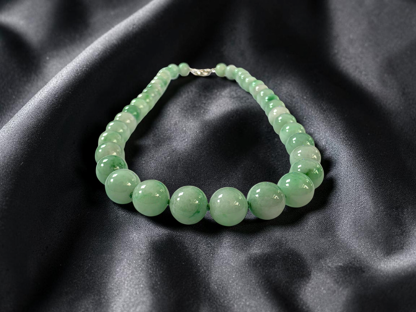 Winter Green Burmese A-Jade Beaded Long Necklace - 18.60 inches (10.50mm Each x 40 Beads) with Sterling Silver 925 - 10016
