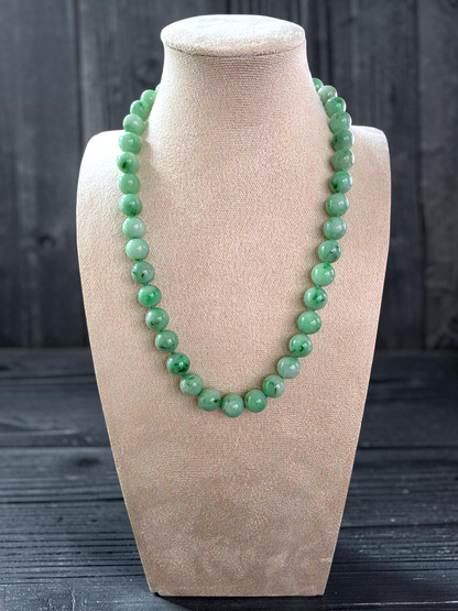 Winter Green Burmese A-Jade Beaded Long Necklace - 18.50 inches (10.50mm Each x 40 Beads) with Sterling Silver 925 - 10017
