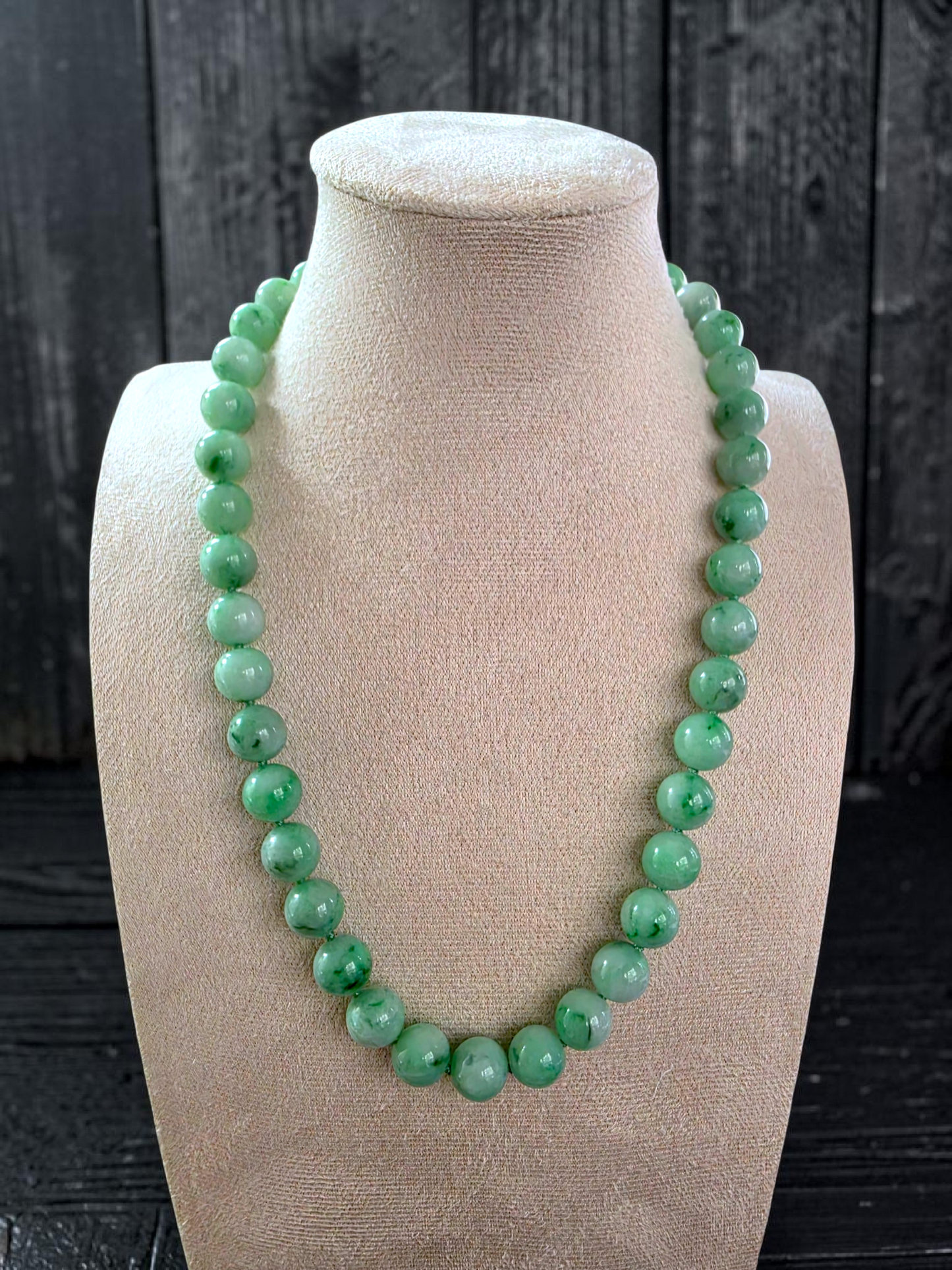 Winter Green Burmese A-Jade Beaded Long Necklace - 18.50 inches (10.50mm Each x 40 Beads) with Sterling Silver 925 - 10017