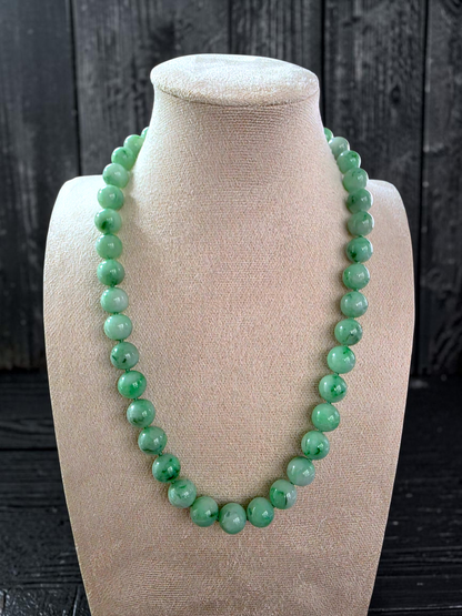 Winter Green Burmese A-Jade Beaded Long Necklace - 18.50 inches (10.50mm Each x 40 Beads) with Sterling Silver 925 - 10017