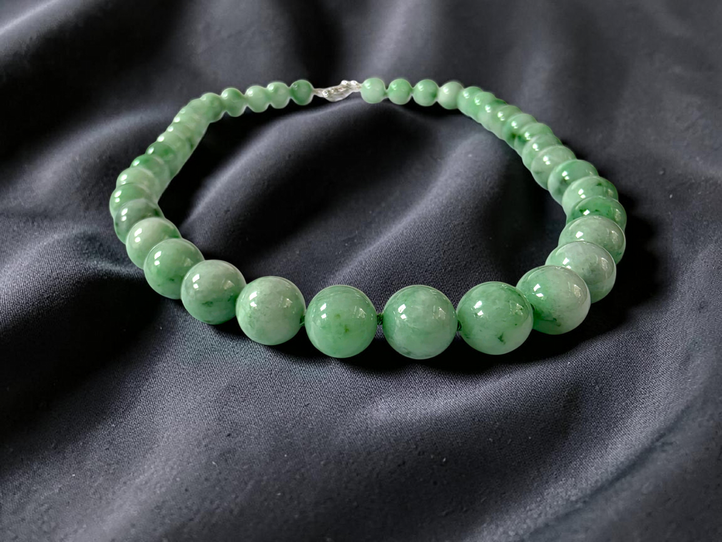 Winter Green Burmese A-Jade Beaded Long Necklace - 18.50 inches (10.50mm Each x 40 Beads) with Sterling Silver 925 - 10017